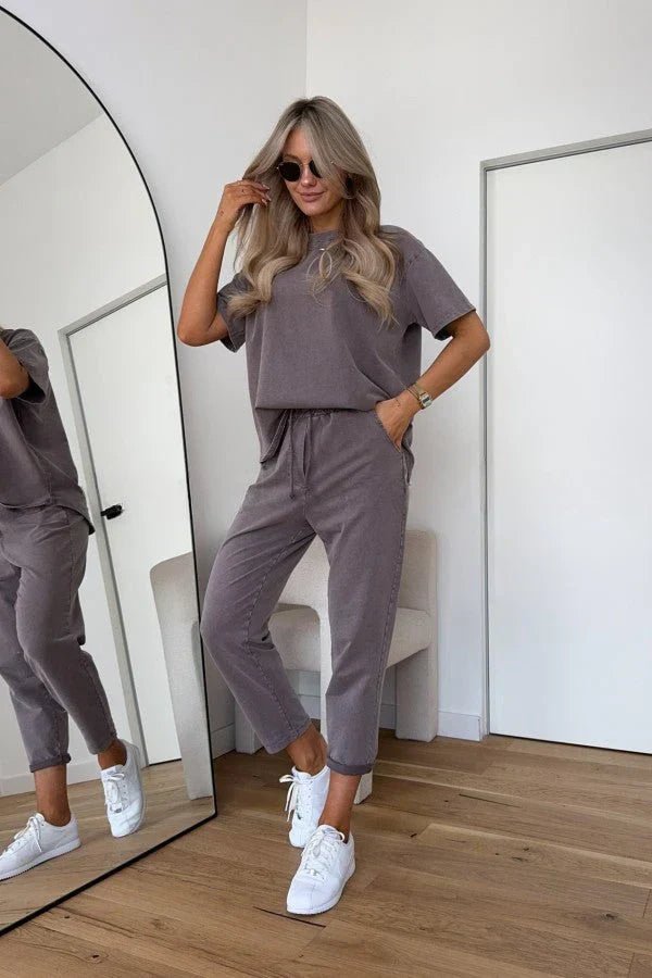 Two Piece Cotton Set Oversized T-Shirt and Shorts Lounge - Chocolate