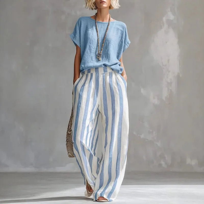 Two Piece Linen Set Wide Leg Pants Short Sleeve Top - Sky Blue