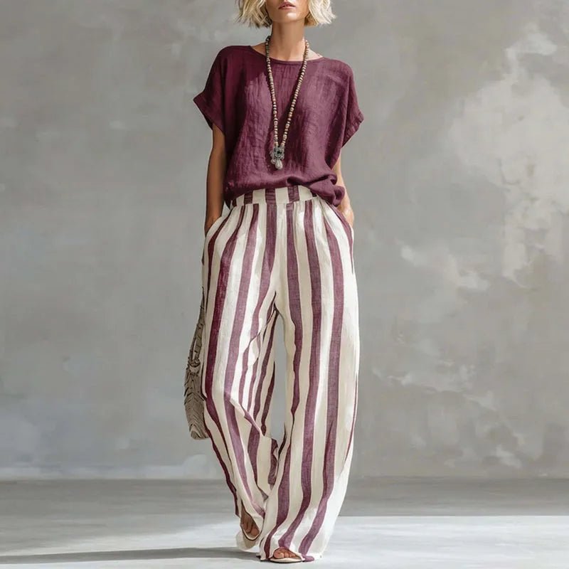 Two Piece Linen Set Wide Leg Pants Short Sleeve Top