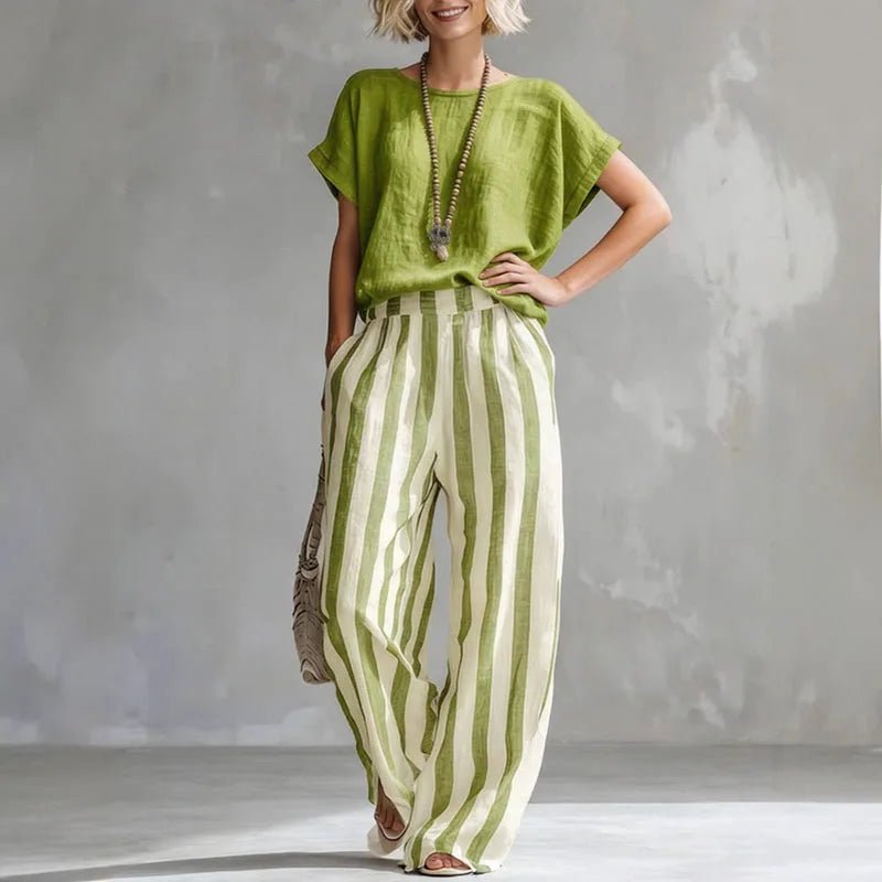 Two Piece Linen Set Wide Leg Pants Short Sleeve Top - Green