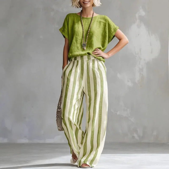 Two Piece Linen Set Wide Leg Pants Short Sleeve Top - Green