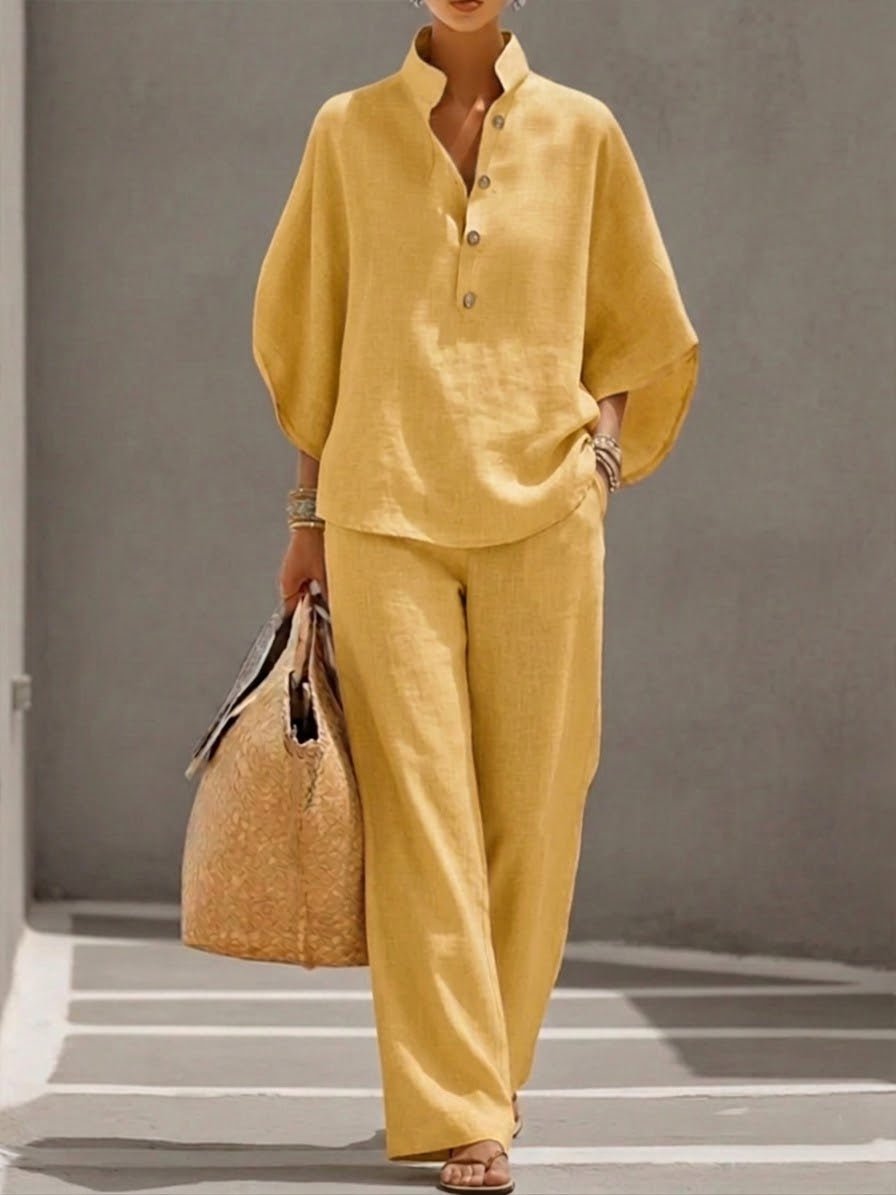 Two Piece Set Batwing Top Wide Leg Pants Elastic Waist - Yellow