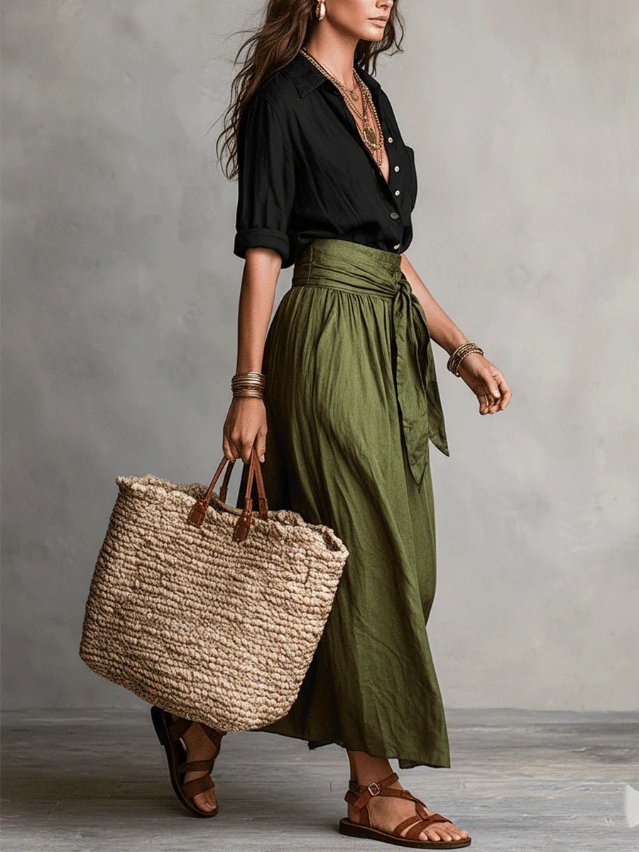Two Piece Set Button Shirt High Waist Midi Skirt