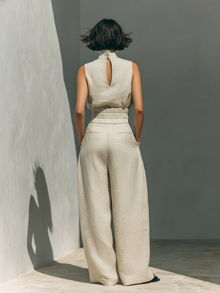 Two Piece Set Sleeveless Top Wide Leg Pants Linen