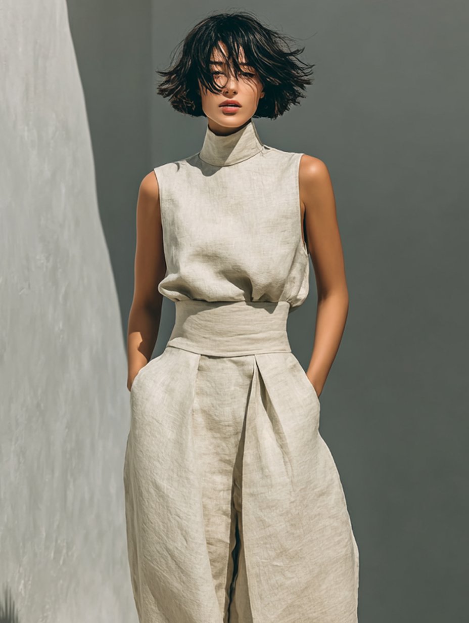 Two Piece Set Sleeveless Top Wide Leg Pants Linen
