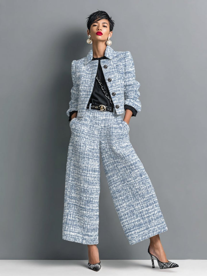 Two Piece Tweed Set Cropped Jacket Wide Leg Pants - Blau