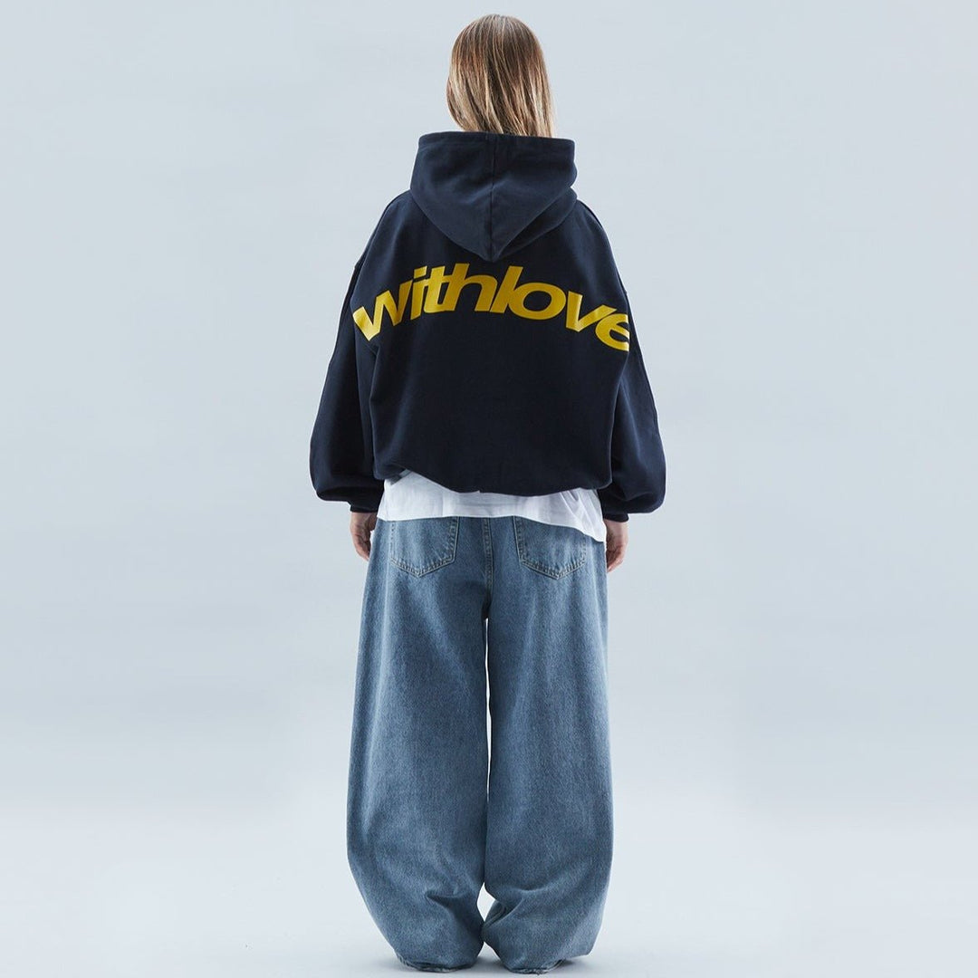 Unisex Oversized Heavyweight Cotton-Blend Graphic Hoodie - Navy