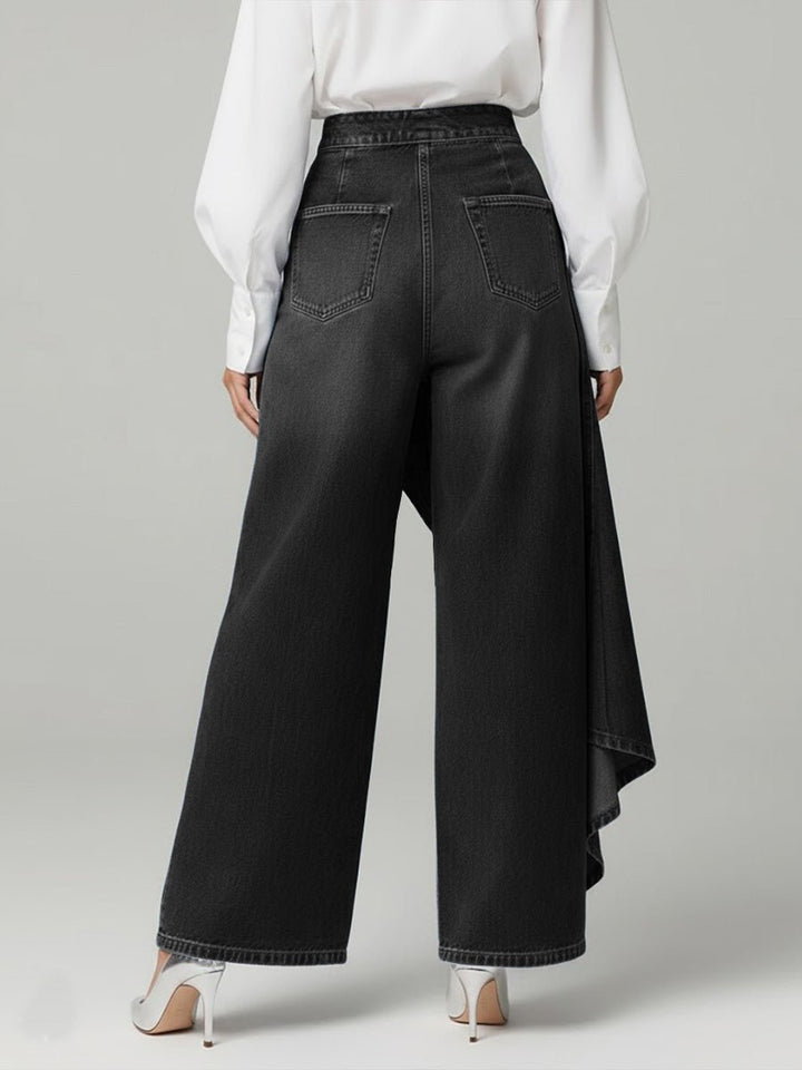 Wide Leg Denim Pants High-Waisted Button Front Relaxed Fit