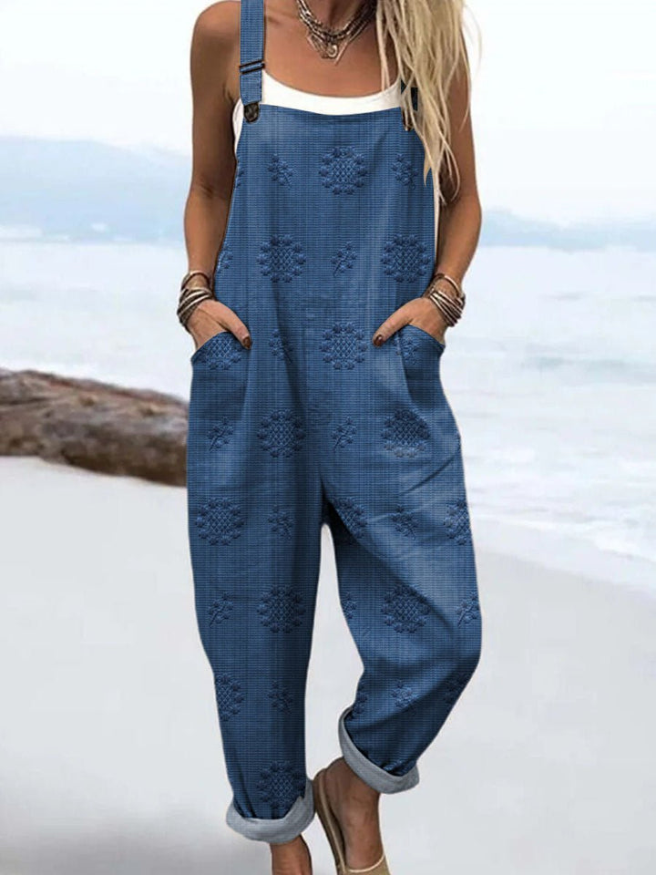 Wide Leg Jumpsuit Adjustable Straps Relaxed Fit Pockets - Blue