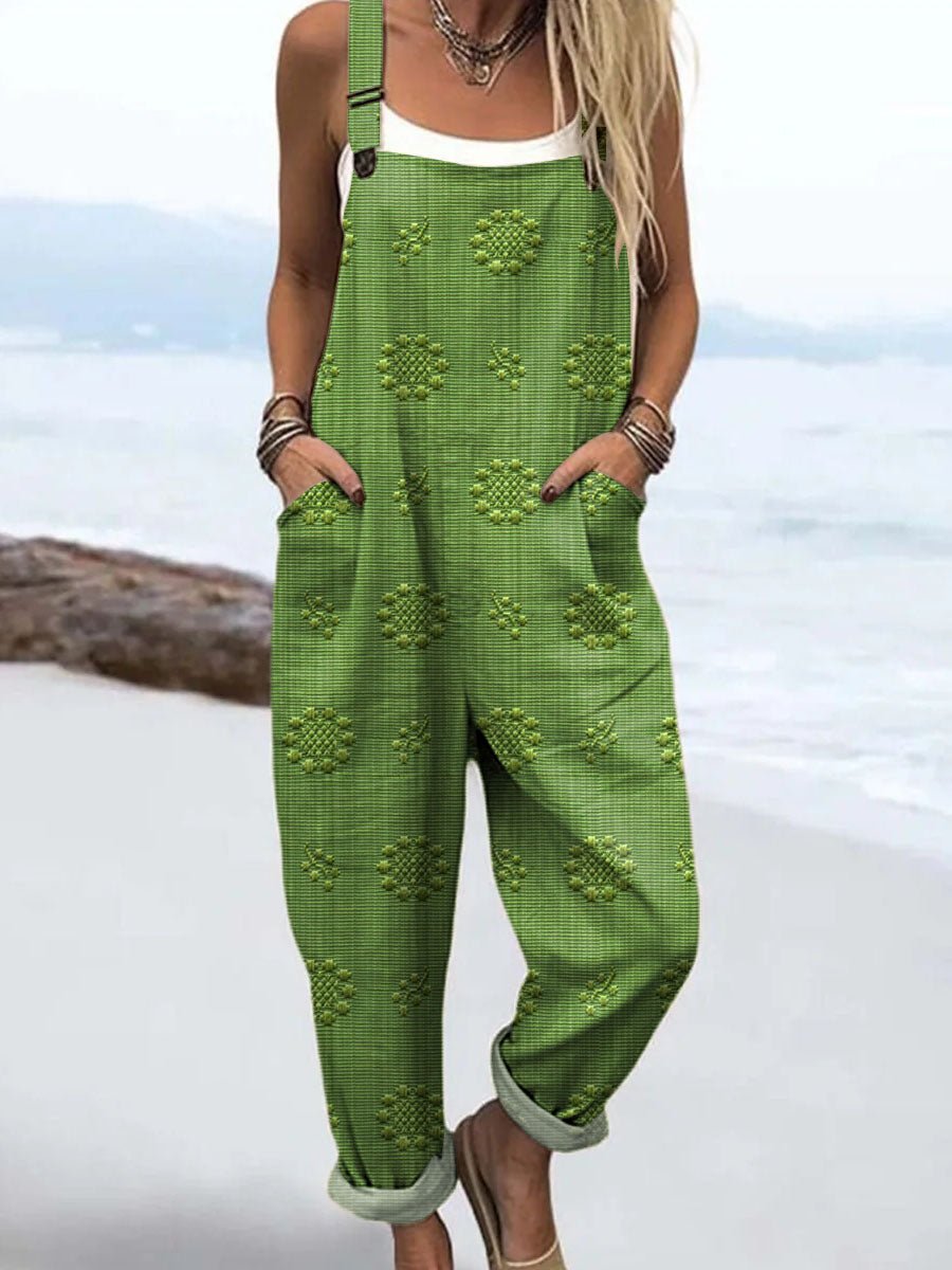 Wide Leg Jumpsuit Adjustable Straps Relaxed Fit Pockets - Green