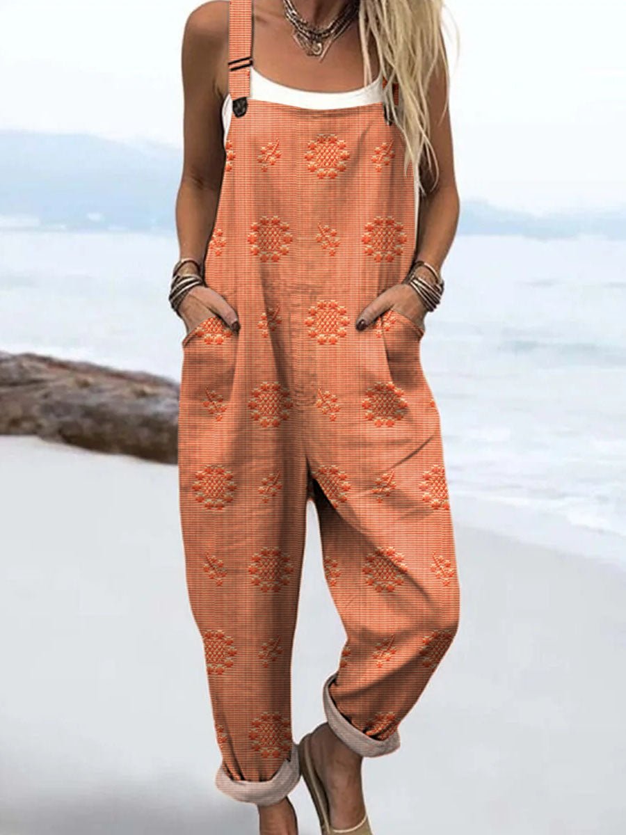 Wide Leg Jumpsuit Adjustable Straps Relaxed Fit Pockets - Orange