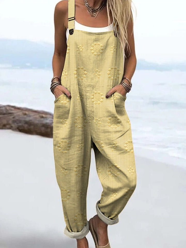 Wide Leg Jumpsuit Adjustable Straps Relaxed Fit Pockets - LightYellow