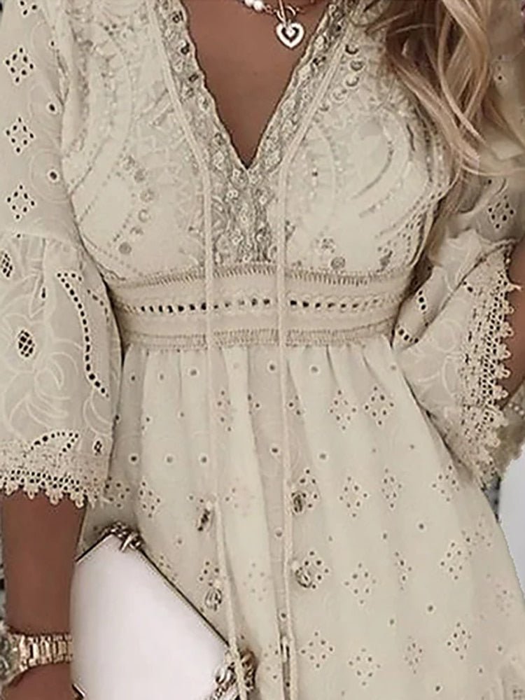 Women's Boho Mini Dress V-Neck Bell Sleeves Eyelet Lace
