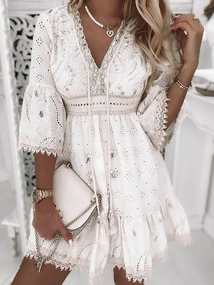 Women's Boho Mini Dress V-Neck Bell Sleeves Eyelet Lace - White