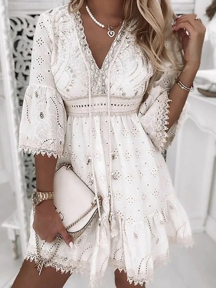 Women's Boho Mini Dress V-Neck Bell Sleeves Eyelet Lace - White