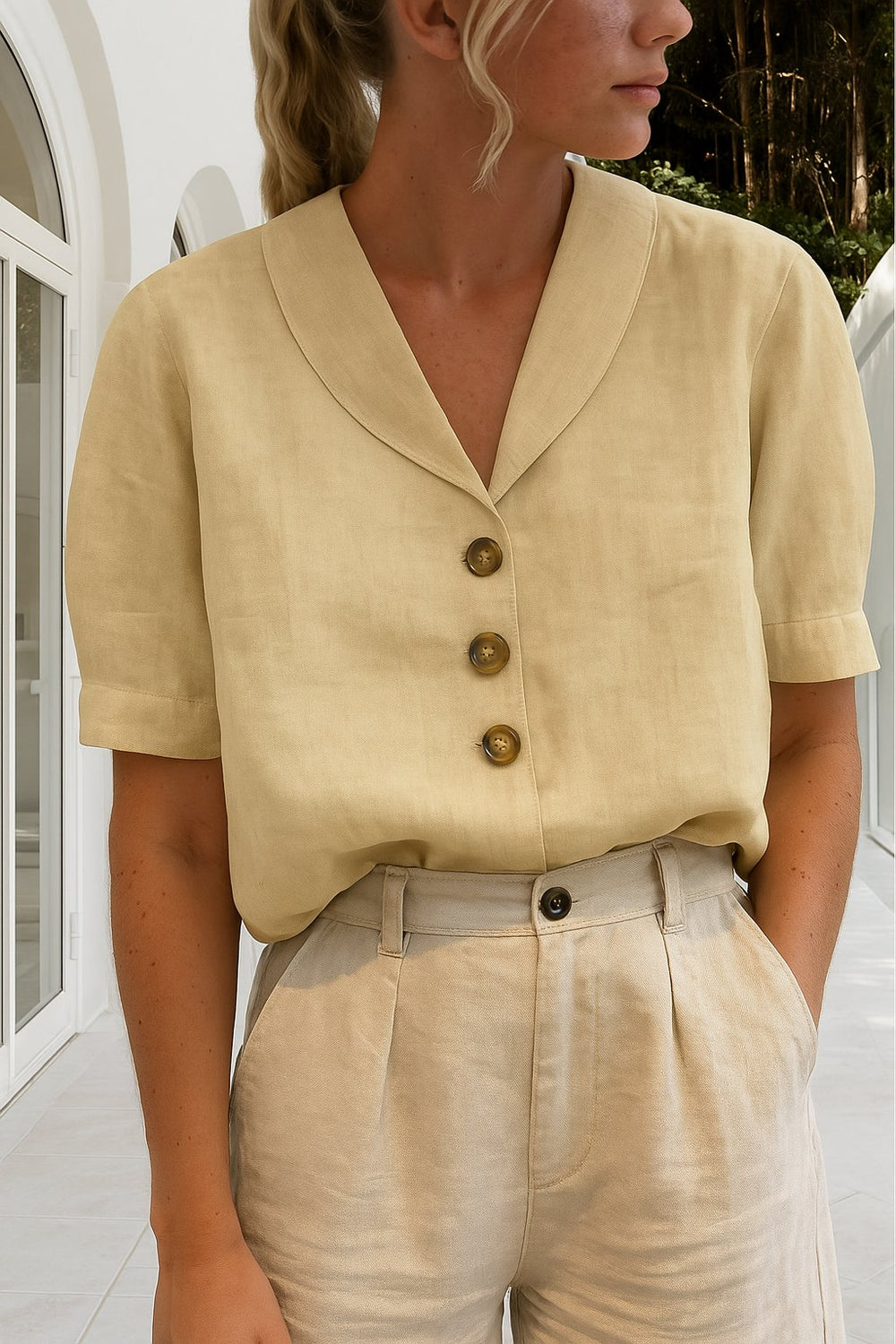 Women's Button-Front Blouse Short Sleeve V-Neck Top - Beige