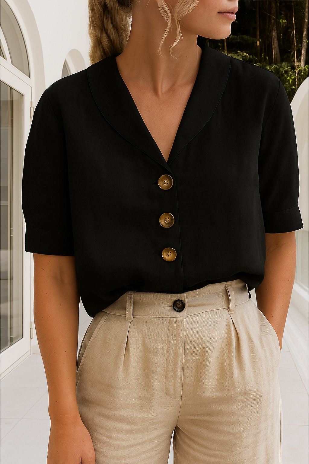 Women's Button-Front Blouse Short Sleeve V-Neck Top - Black