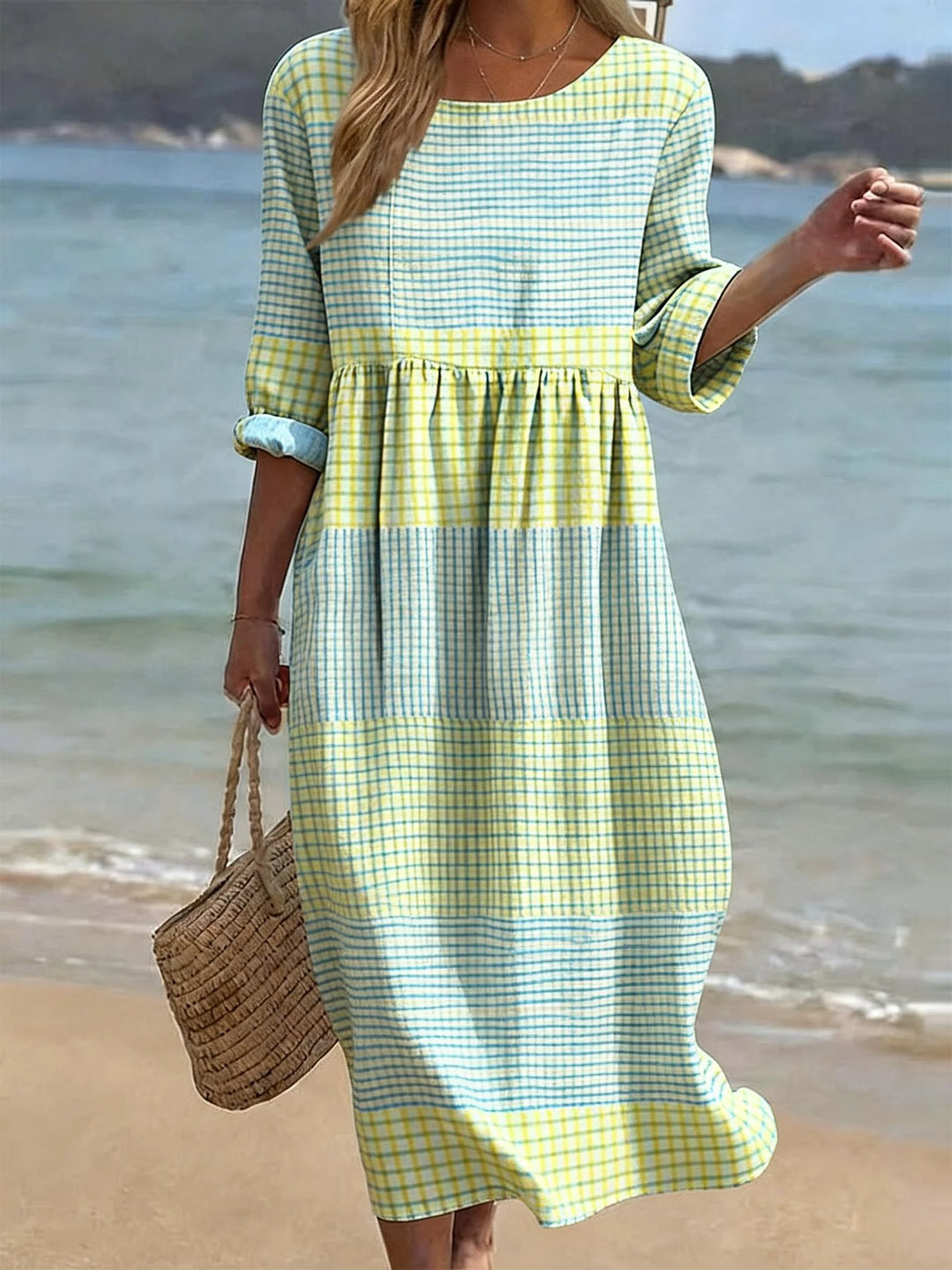 Women's Casual Dress Round Neck Half Sleeve Relaxed Fit - Kariert