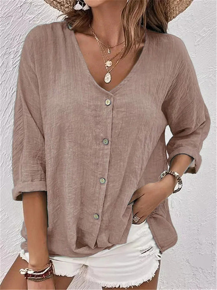 Women's Cotton V-Neck Button-Front Top Three-Quarter Sleeve - Light Brown