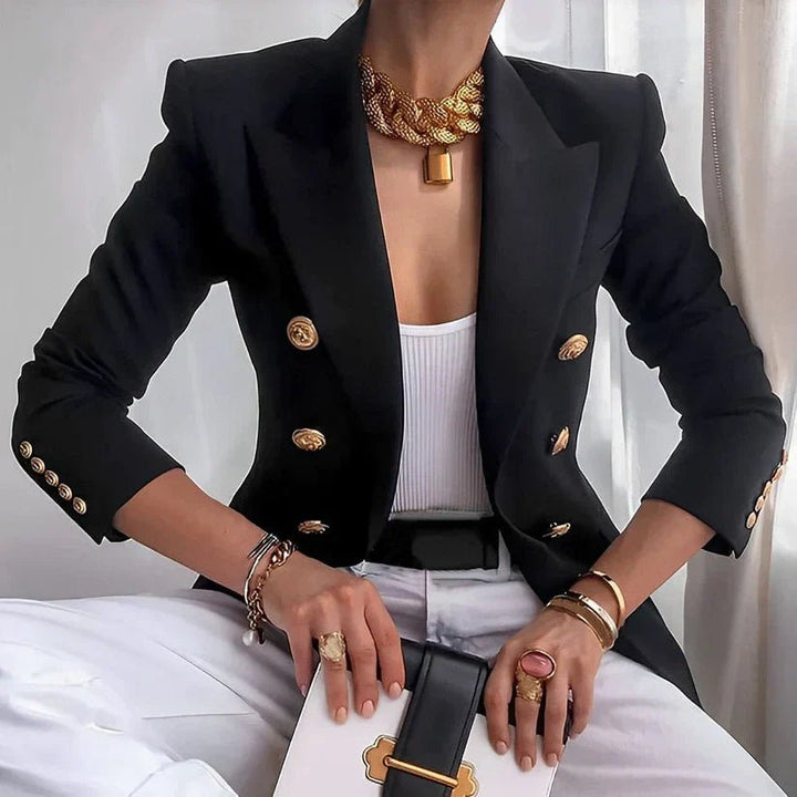 Women's Double-Breasted Blazer with Gold Buttons - Black