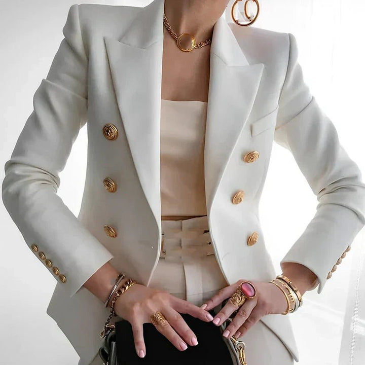 Women's Double-Breasted Blazer with Gold Buttons - White