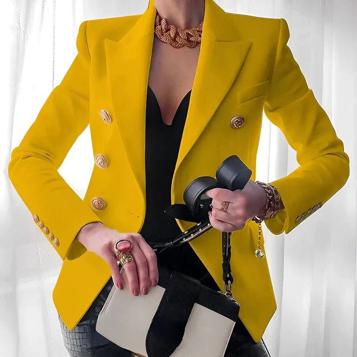 Women's Double-Breasted Blazer with Gold Buttons - Yellow