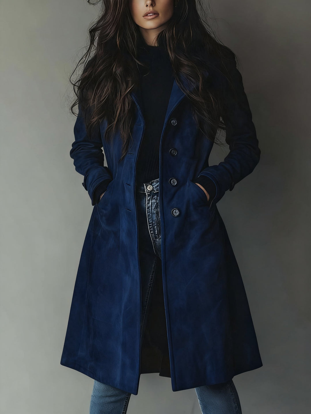 Women's Double-Breasted Trench Coat Classic Vintage Style - Dunkelblau