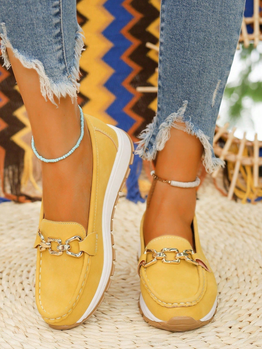 Women's Flat Loafers Slip-On Buckle Comfort Walking Shoes - Yellow