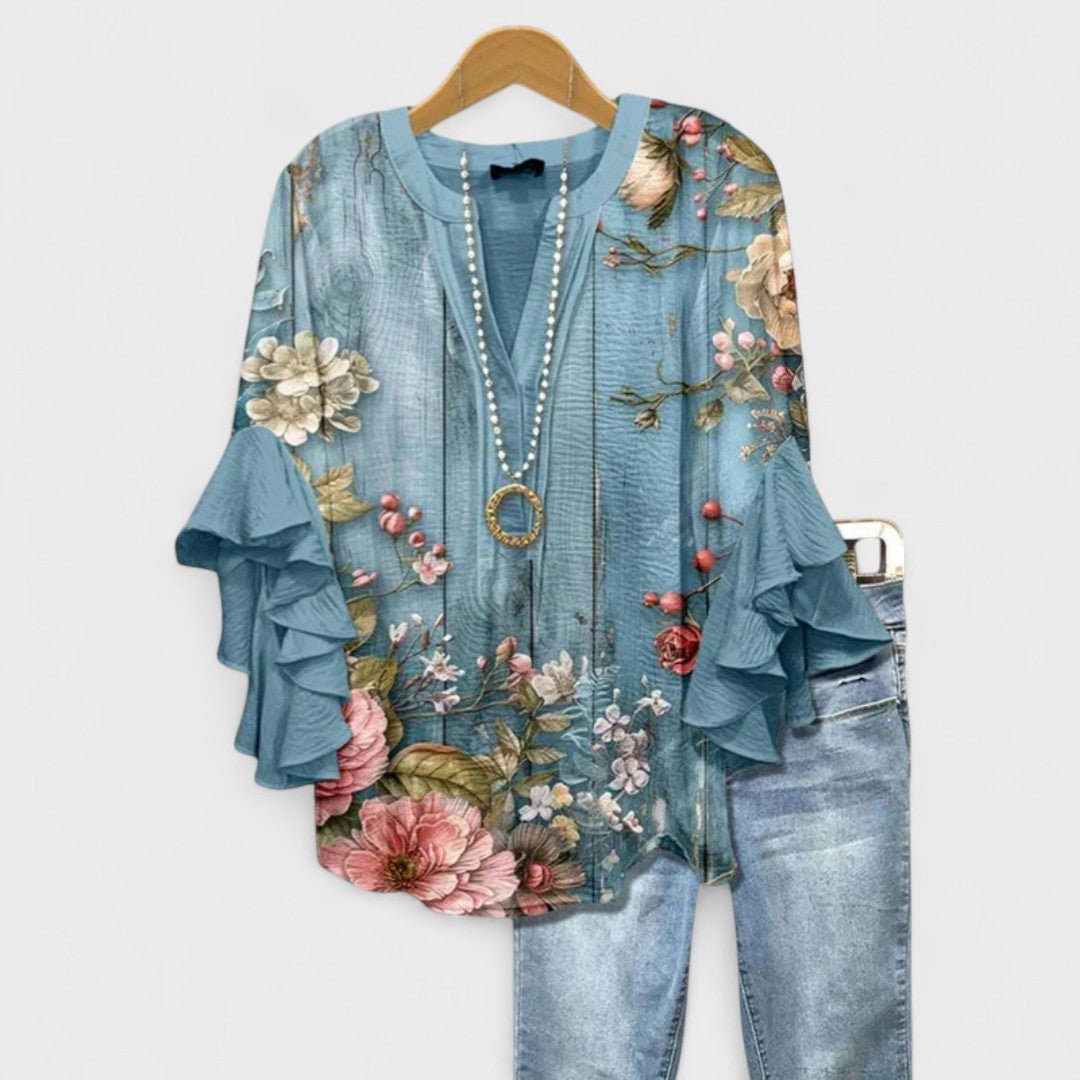 Women's Floral Blouse Ruffle Sleeves V-Neck Casual - Blue Floral