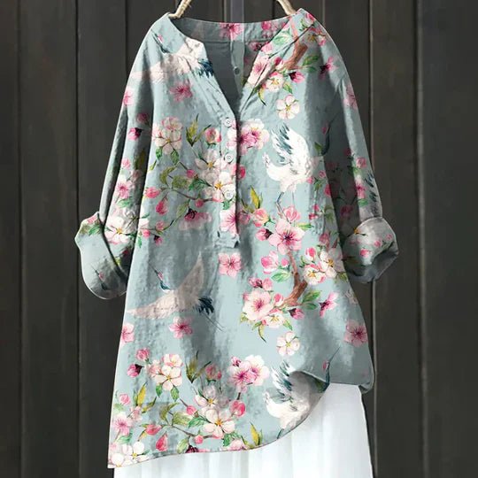 Women's Floral Tunic Top Long Sleeve Button-Up - Light Blue