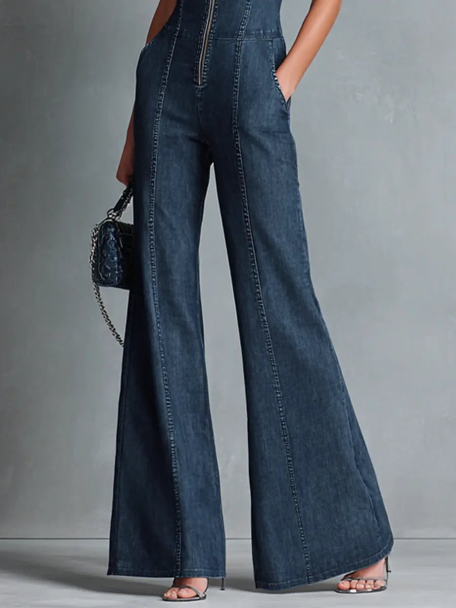 Women's High Neck Zip Front Flare Leg Denim Jumpsuit