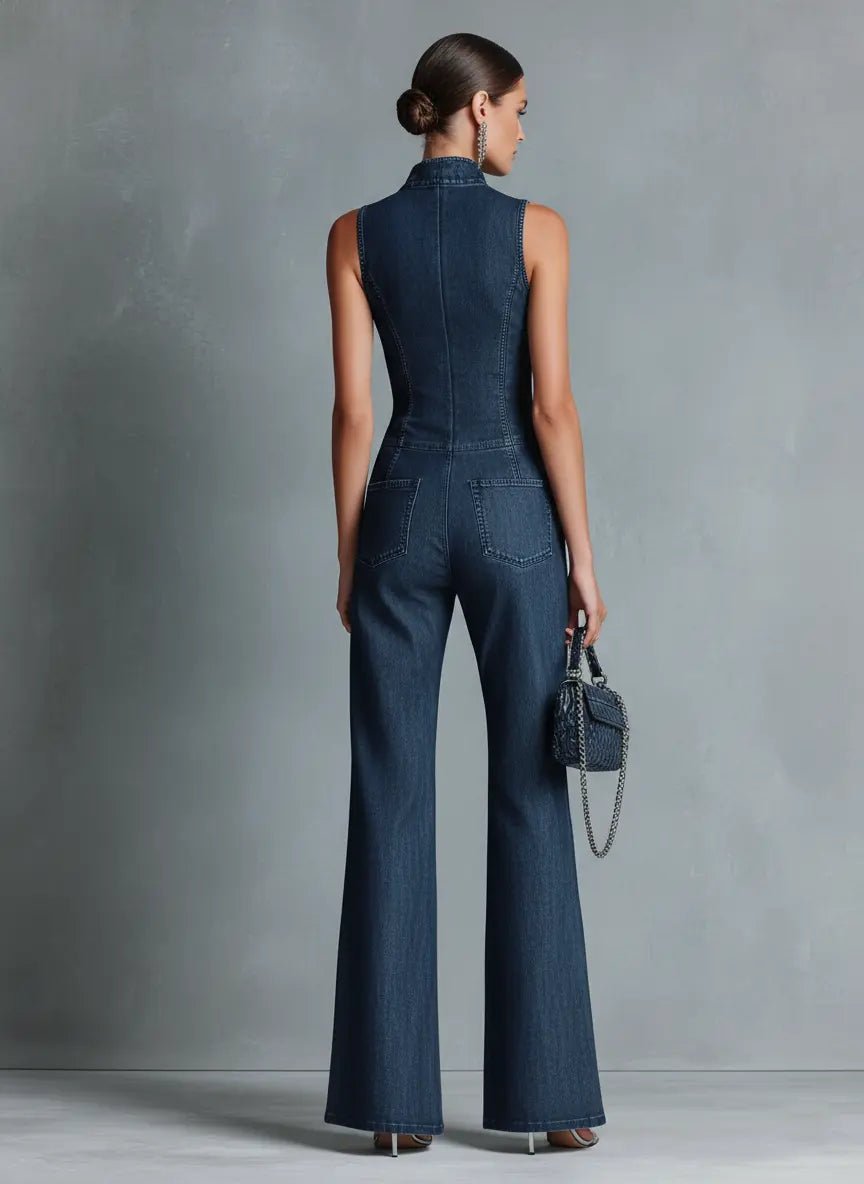 Women's High Neck Zip Front Flare Leg Denim Jumpsuit