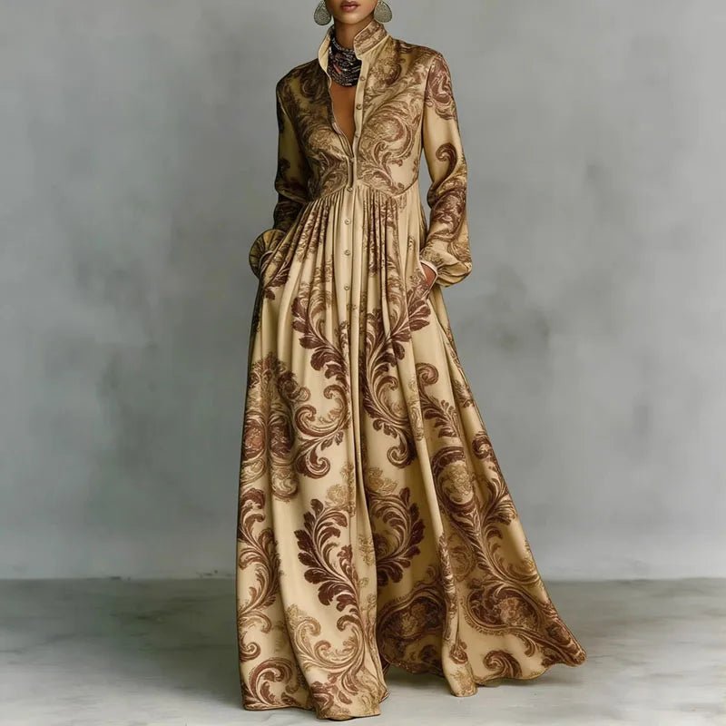 Women's High-Waist Geometric Print Long-Sleeve Shirt Dress - Khaki