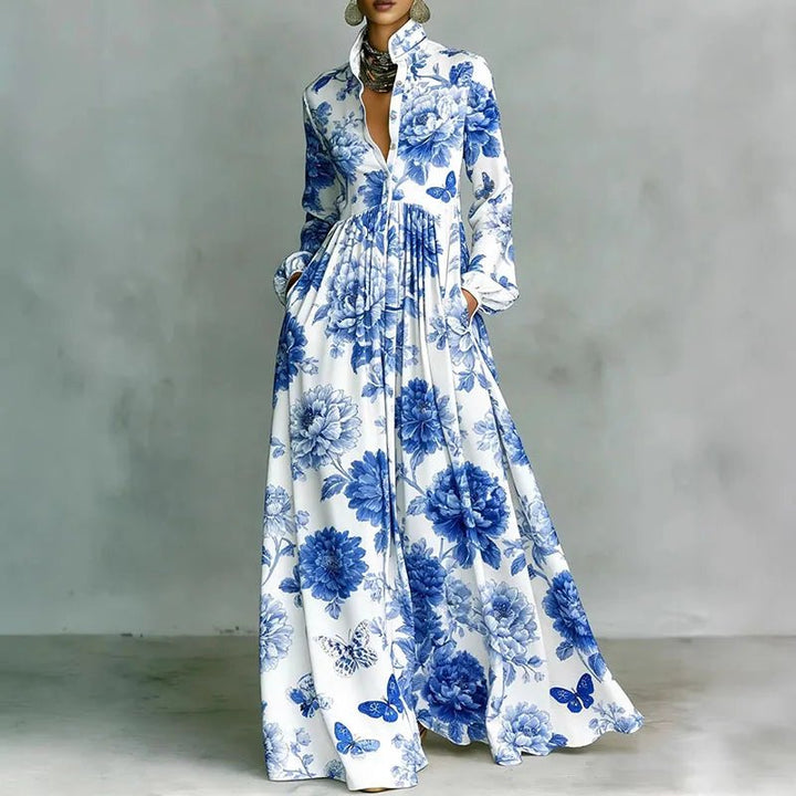 Women's High-Waist Geometric Print Long-Sleeve Shirt Dress - Blue