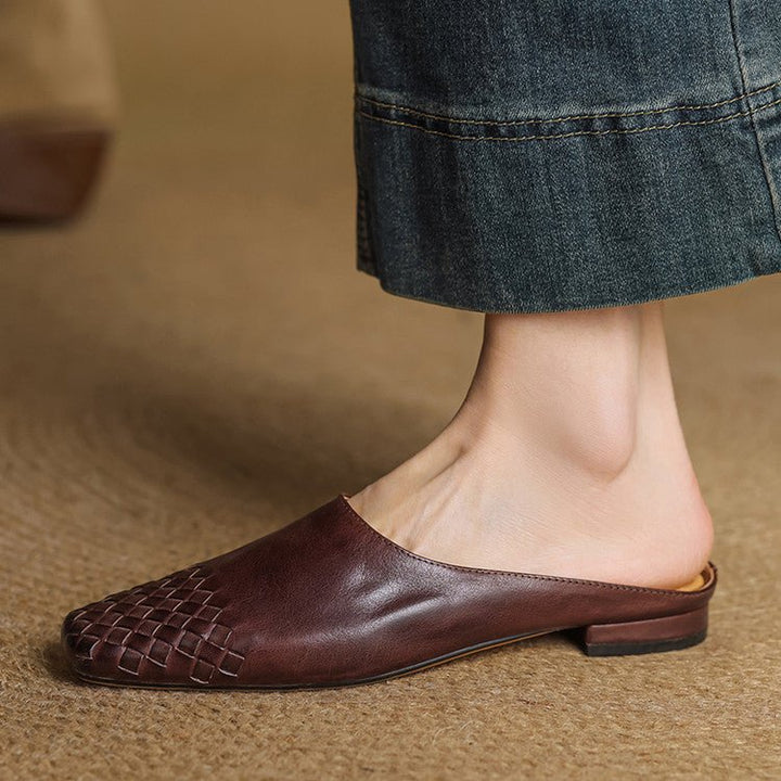 Women's Leather Mules Square Toe Woven Slip-On Flats