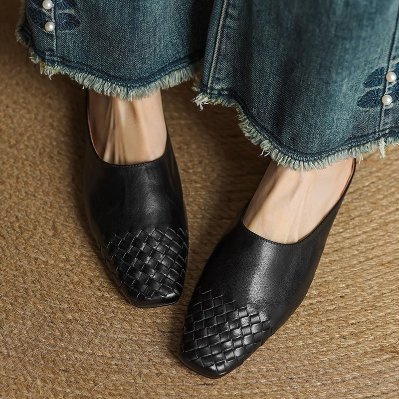 Women's Leather Mules Square Toe Woven Slip-On Flats