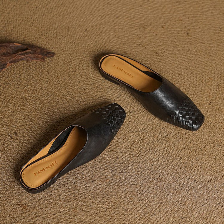 Women's Leather Mules Square Toe Woven Slip-On Flats