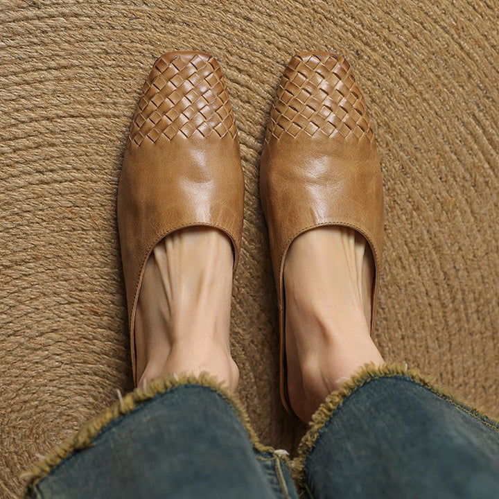Women's Leather Mules Square Toe Woven Slip-On Flats