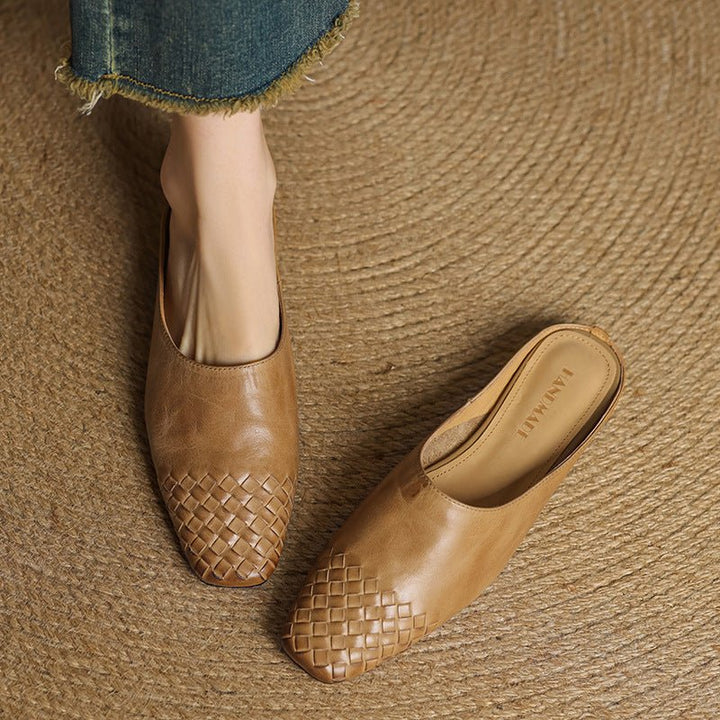 Women's Leather Mules Square Toe Woven Slip-On Flats