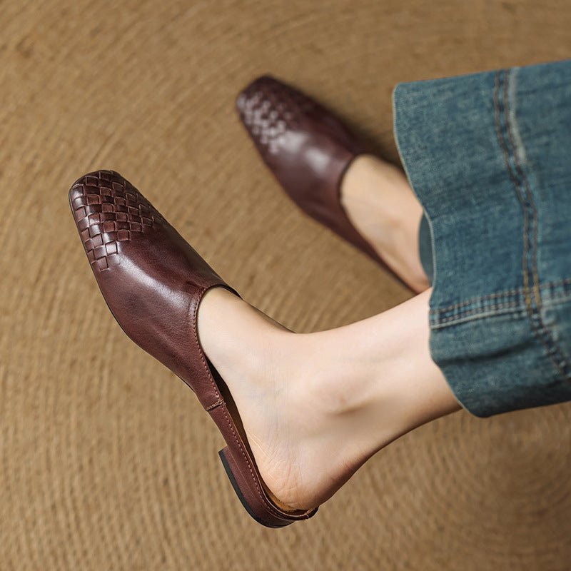 Women's Leather Mules Square Toe Woven Slip-On Flats