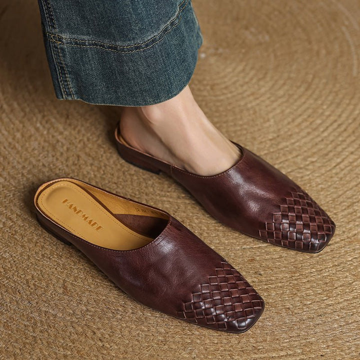 Women's Leather Mules Square Toe Woven Slip-On Flats - Brown
