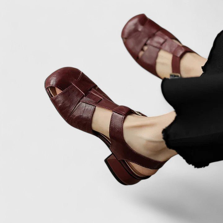 Women's Leather Sandals Square Toe Block Heel Strappy