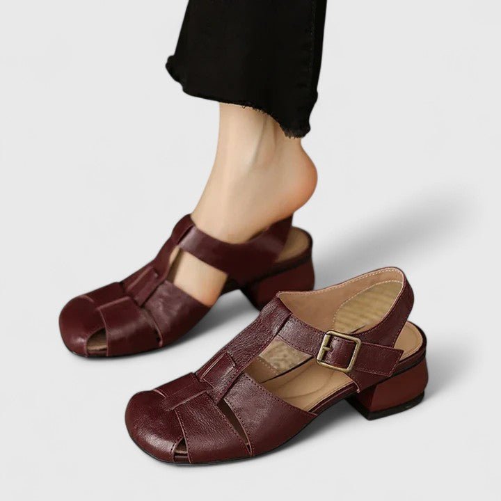 Women's Leather Sandals Square Toe Block Heel Strappy - Brown