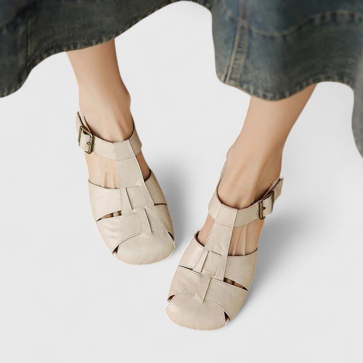 Women's Leather Sandals Square Toe Block Heel Strappy