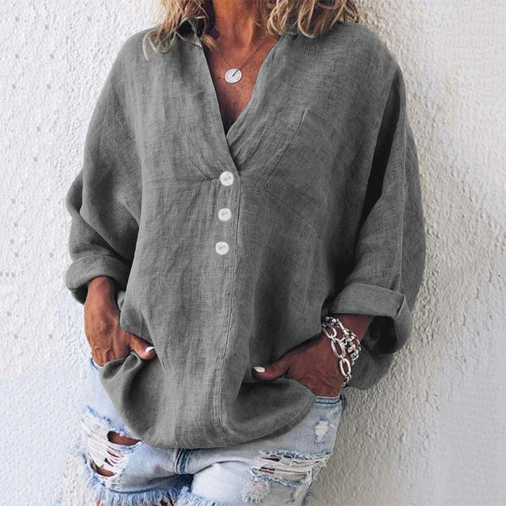 Women's Linen Button Down Blouse V-Neck Roll Tab Sleeves - Gray