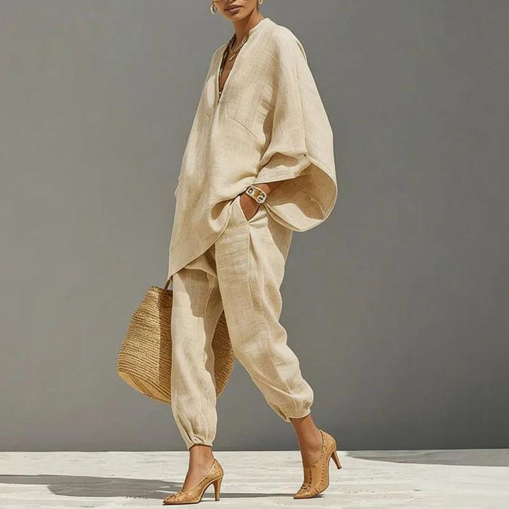 Women's Linen Matching Set Batwing Top Tapered Pants