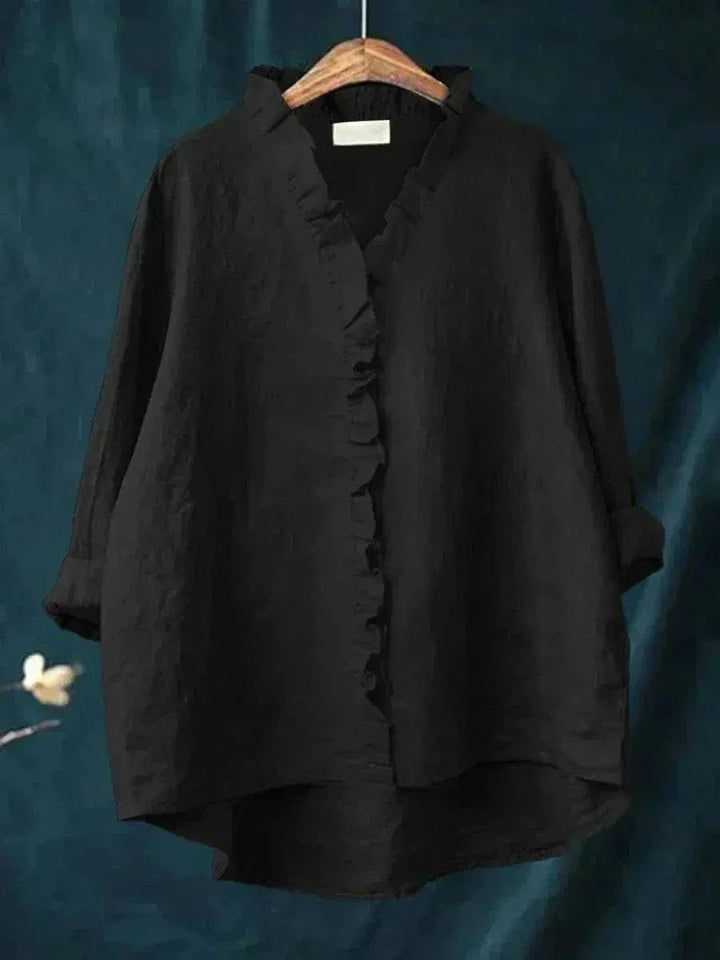 Women's Linen Ruffle Blouse Relaxed Fit Breathable Summer - Black