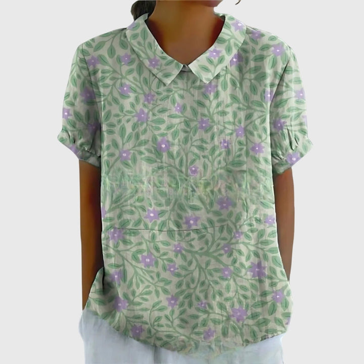 Women's Linen Short Sleeve Collared Blouse Relaxed Fit - Sage Green 2