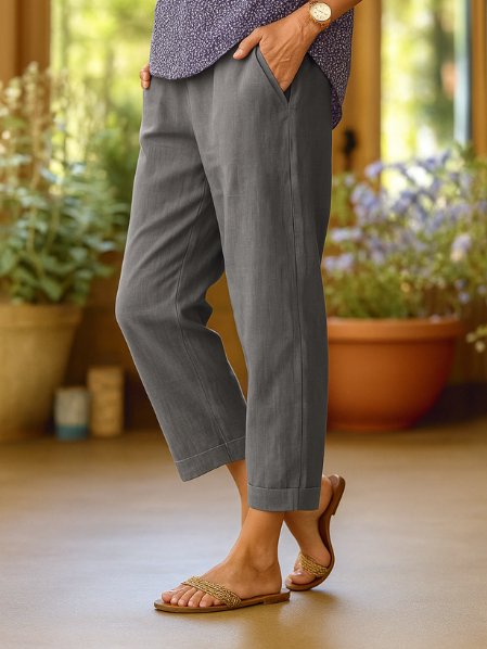 Women's Linen Tapered Cropped Cuffed Pants - Gray