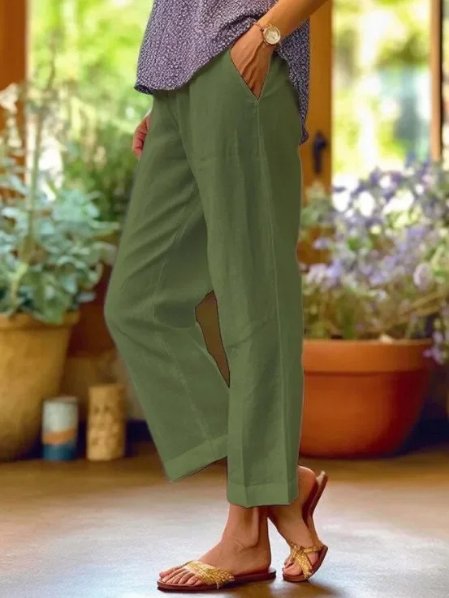 Women's Linen Tapered Cropped Cuffed Pants - Green